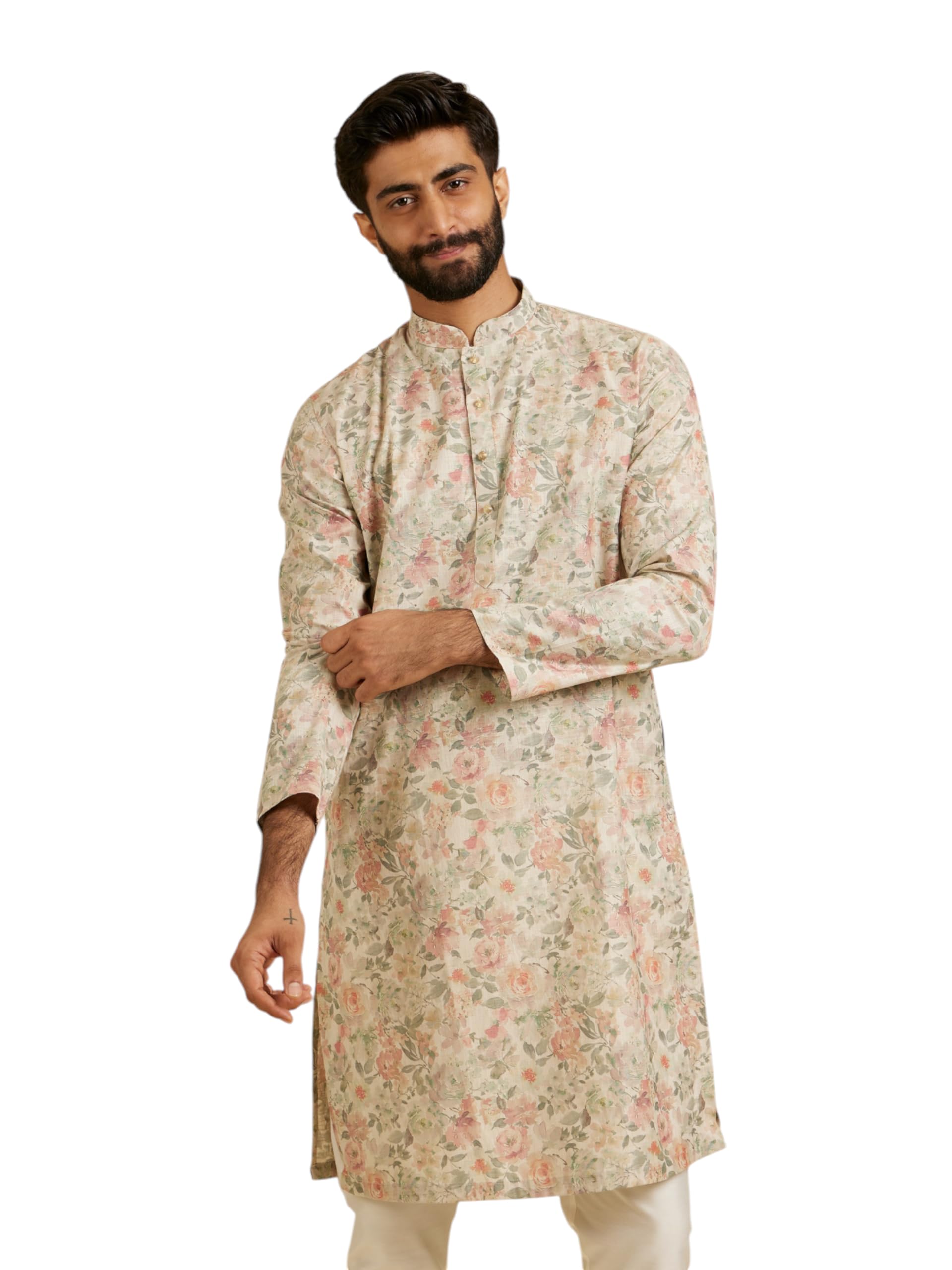 Manyavar MenS Cotton Blend Floral Print Regular Long Kurta (Peach,Xl)