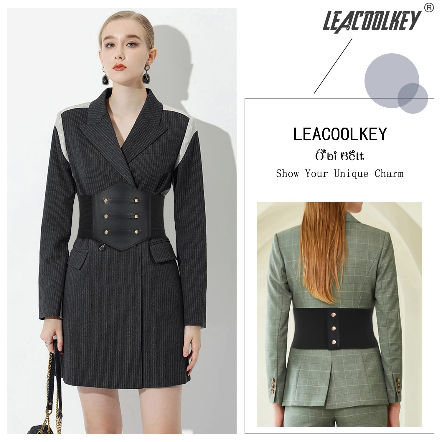 LEACOOLKEY Women Black Corset Waist Belt, Gold Rivet Corset Elastic Belt, Obi Belt for Women for Dress, Halloween Accessories