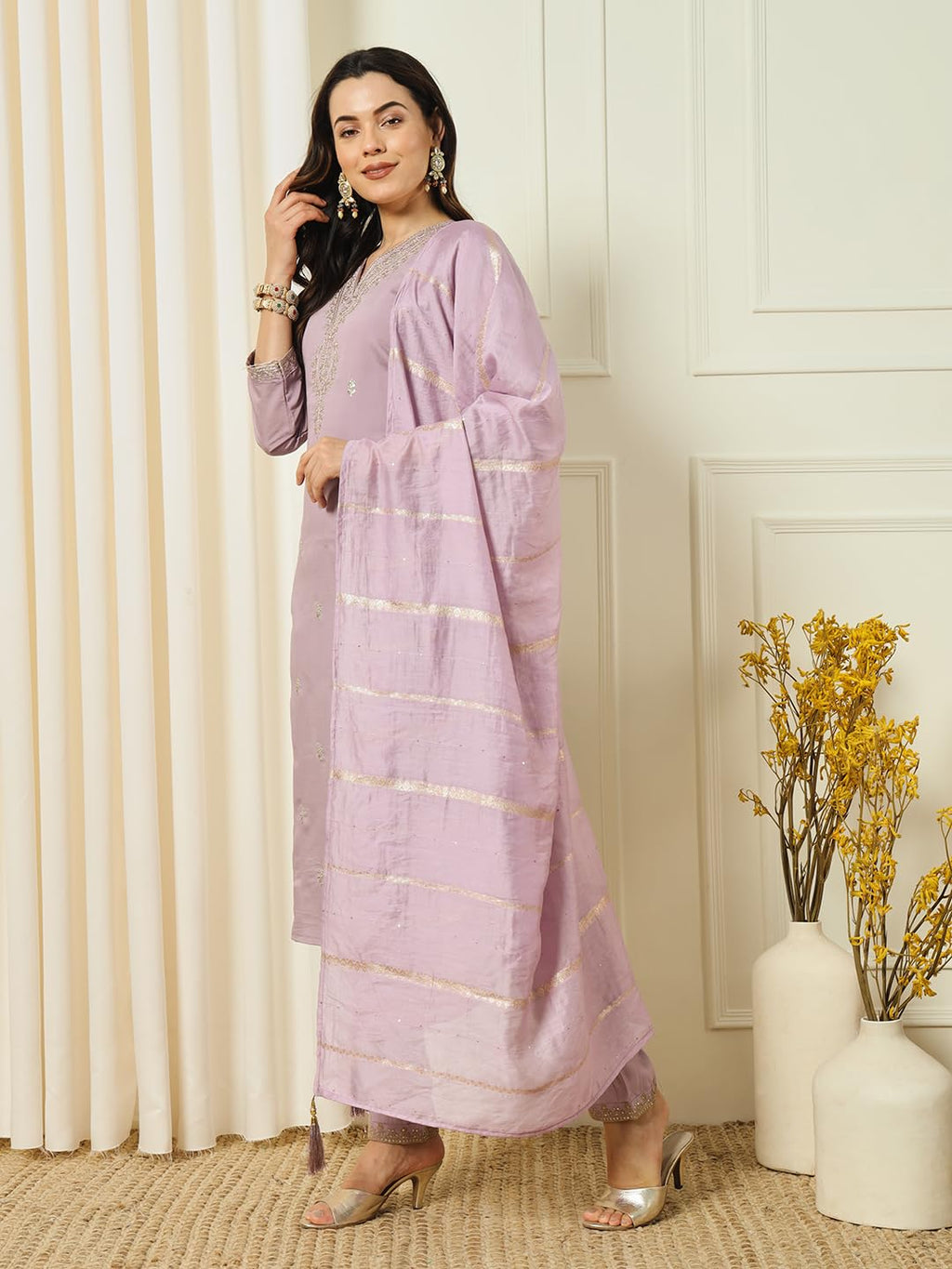 Rieka WomenS Ethnic Embroidered Kurta Set With Dupatta | Straight Kurta Pant Set For Women | 3/4-Length Sleeves, V-Neckline (La