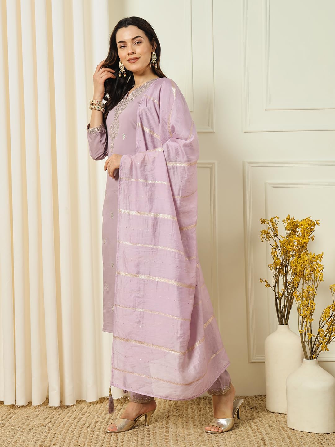 Rieka WomenS Ethnic Embroidered Kurta Set With Dupatta | Straight Kurta Pant Set For Women | 3/4-Length Sleeves, V-Neckline (La