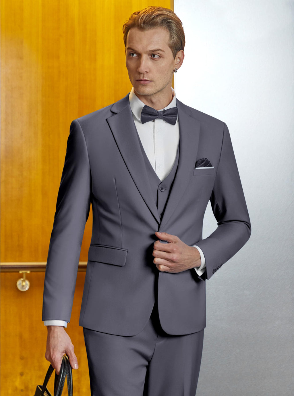 WULFUL Mens Slim Fit Suit One Button 3-Piece Blazer Dress Business Wedding Party Jacket Vest & Pant Dark Grey