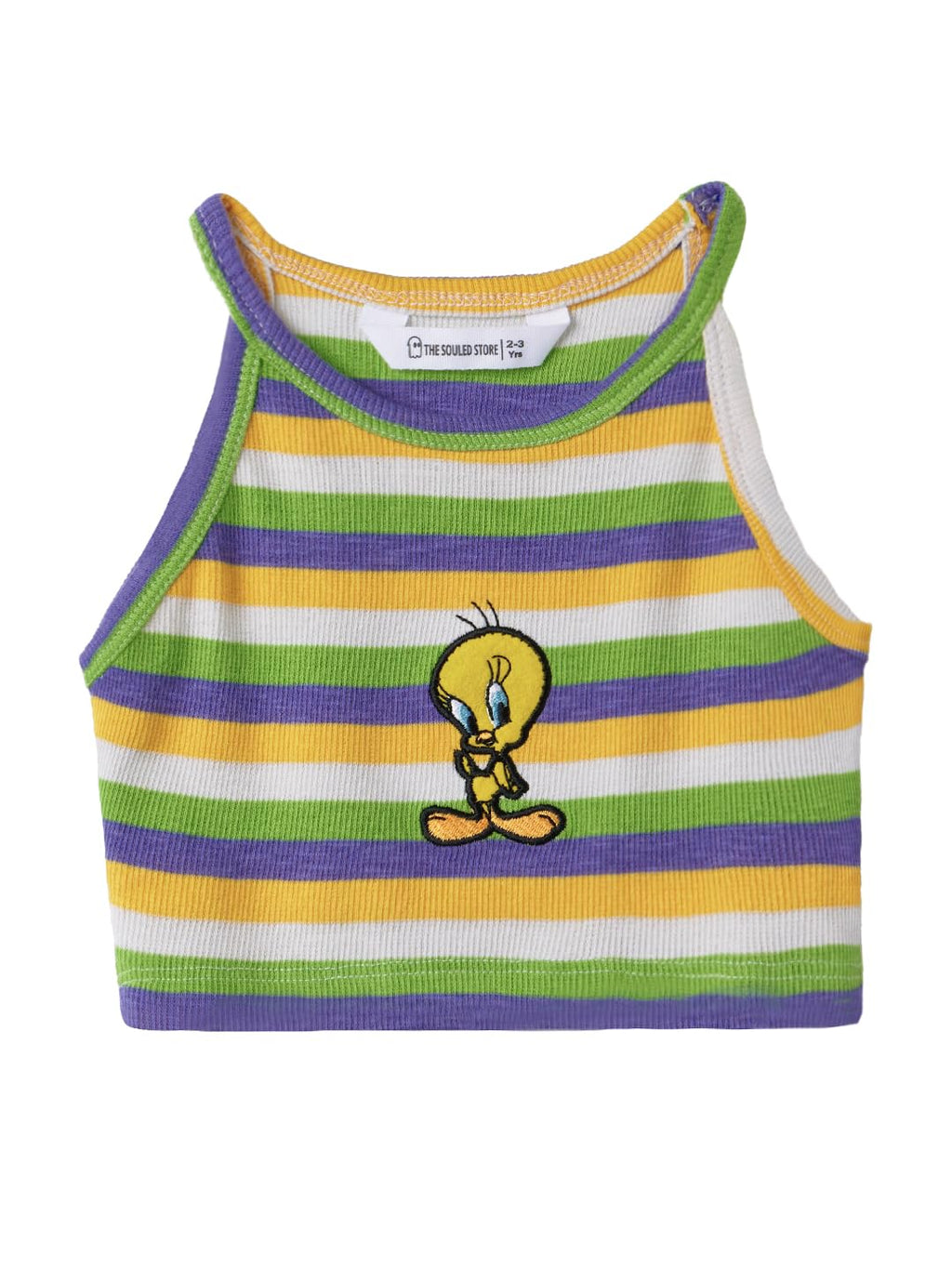 The Souled Store Official Looney Tunes: Sweety Tweety Girls Round Neck Sleeveless Cotton Blend Multicolor Striped Crop Tank Tops