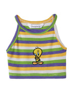 The Souled Store Official Looney Tunes: Sweety Tweety Girls Round Neck Sleeveless Cotton Blend Multicolor Striped Crop Tank Tops