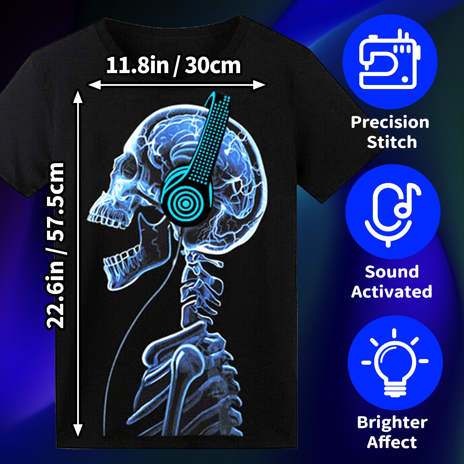 LED T Shirt Sound Activated Light Up Rave Shirts Glow in The Dark for Party Black