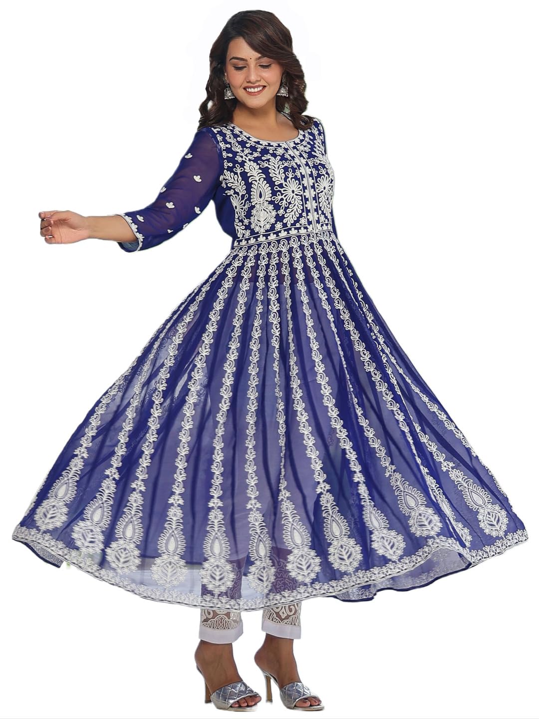 Gosriki Women'S Georgette Anarkali Chikankari Embroidered Kurta (Kari-Blue-Nw-Gs_Xl_Blue_X-Large)