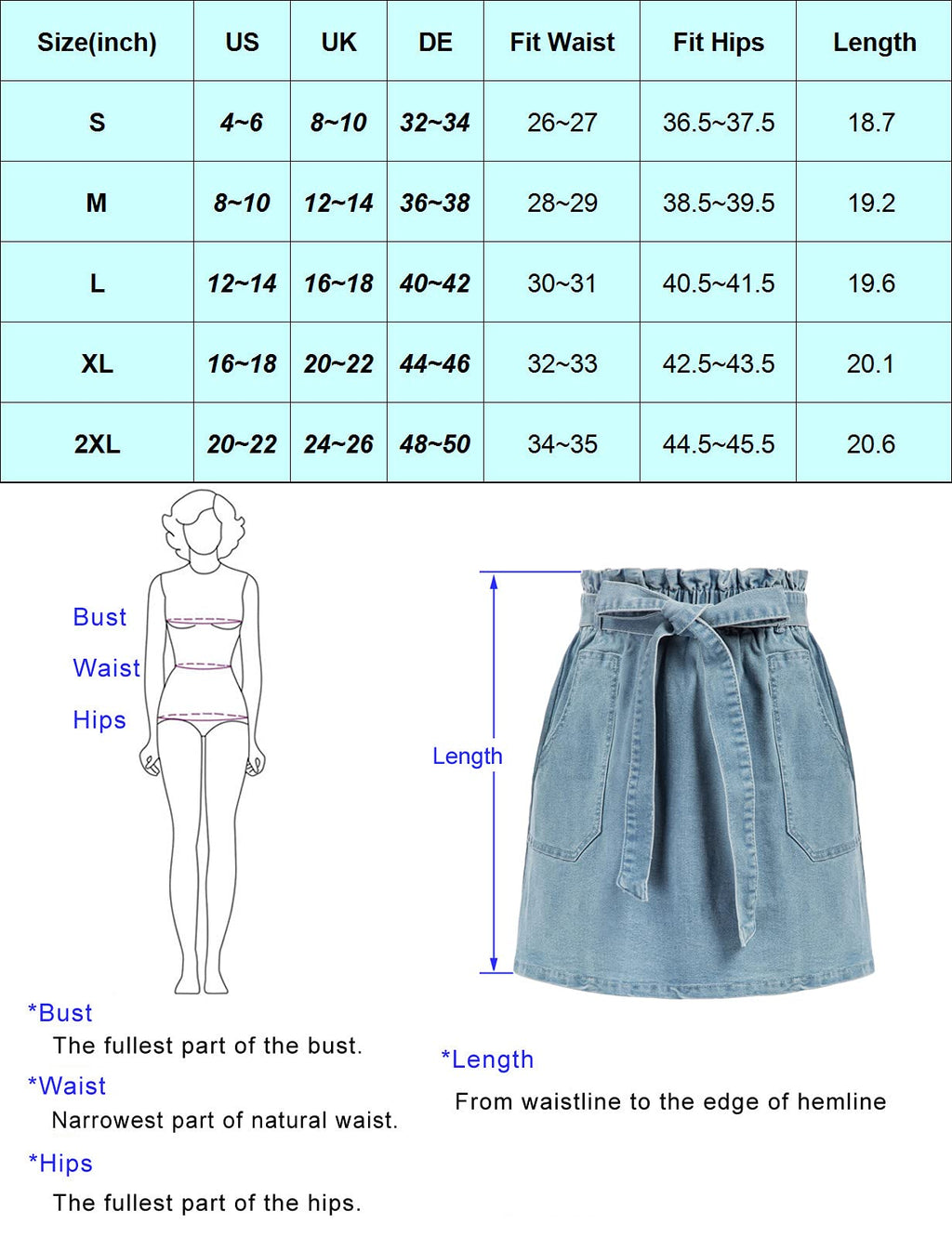 KANCY KOLE Women Mini Denim Skirt Cute Pleated Jean Skirts Juniors Short Ruffle Paper Bag Skirt Light Blue L