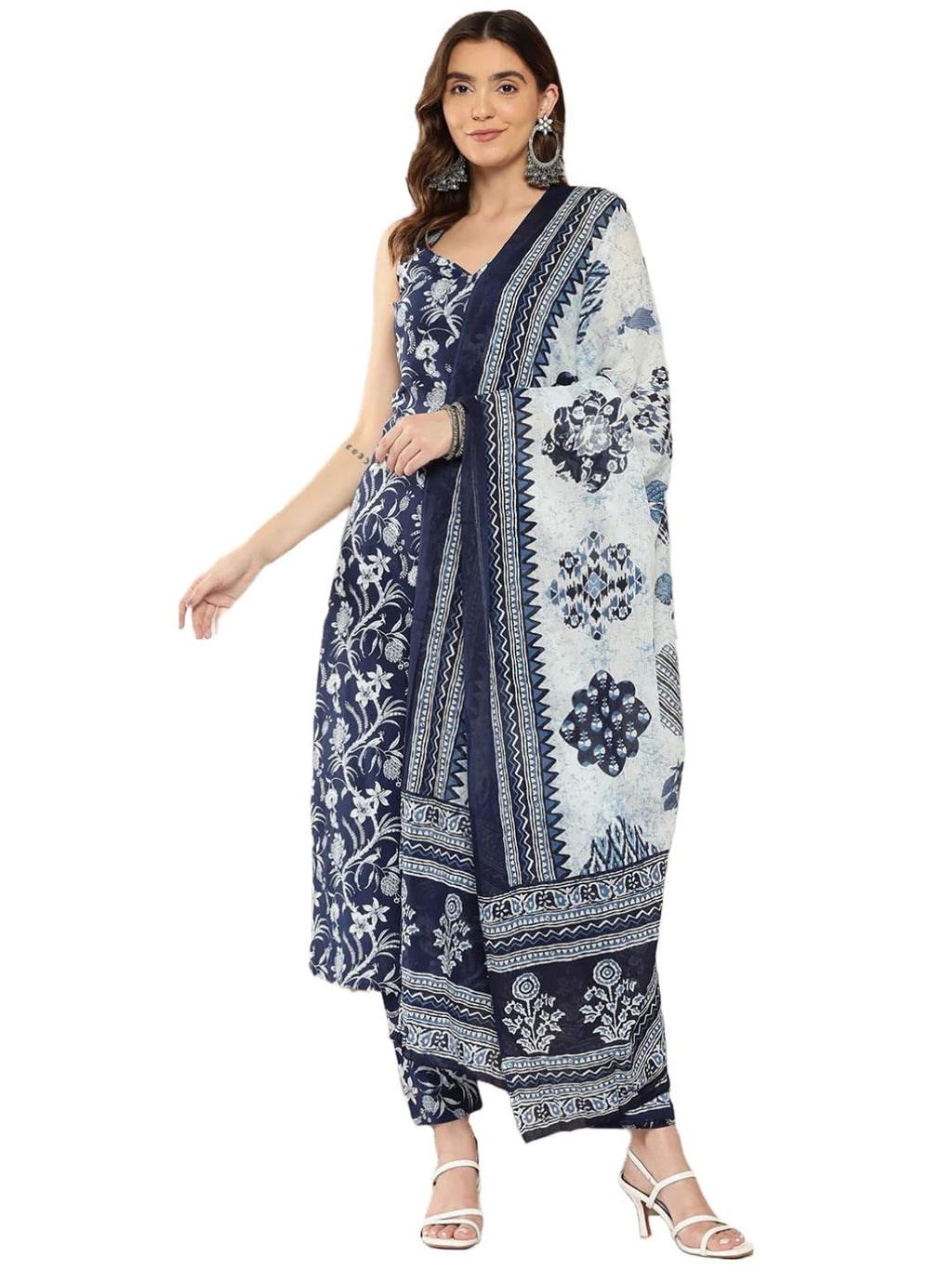 ANNI DESIGNER Womens Rayon Floral Straight Kurta with Pant & Dupatta (Ball-Blue Small)