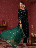 Ishin WomenS Velvet Ethnic Motifs Zari Green Straight Kurta Suit Set With Trousers And Dupatta