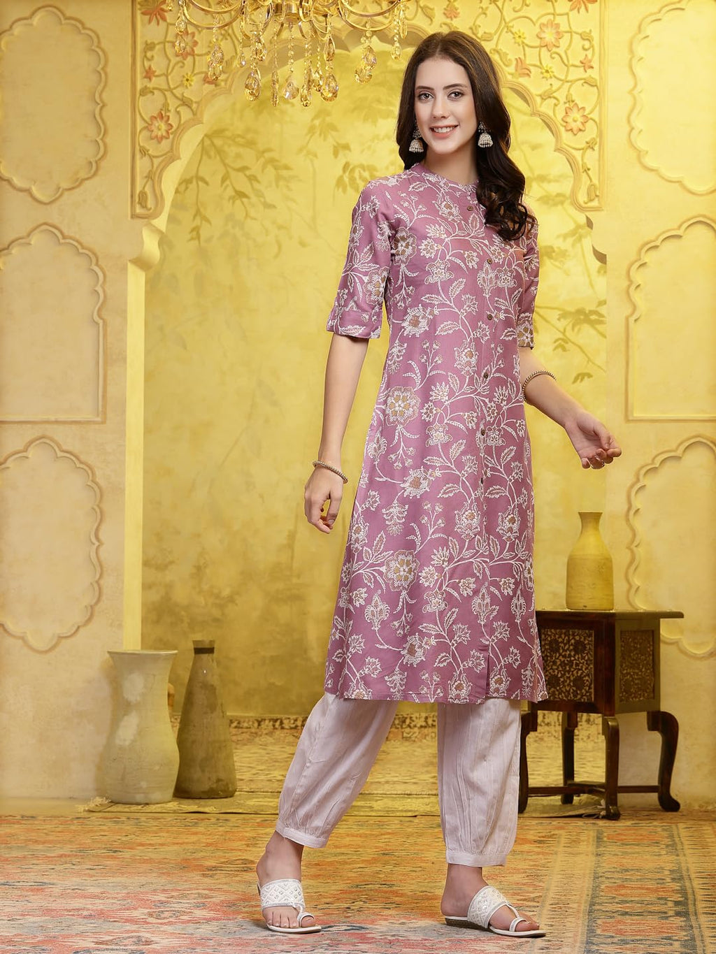 Stylum WomenS Mauve Floral Printed Rayon A-Line Kurta Pant Set