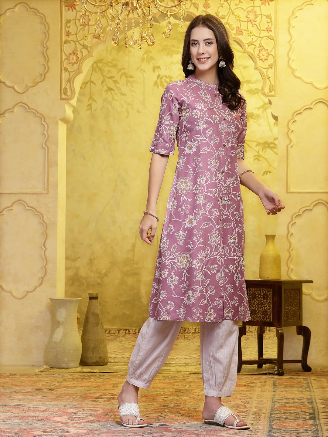 Stylum WomenS Mauve Floral Printed Rayon A-Line Kurta Pant Set