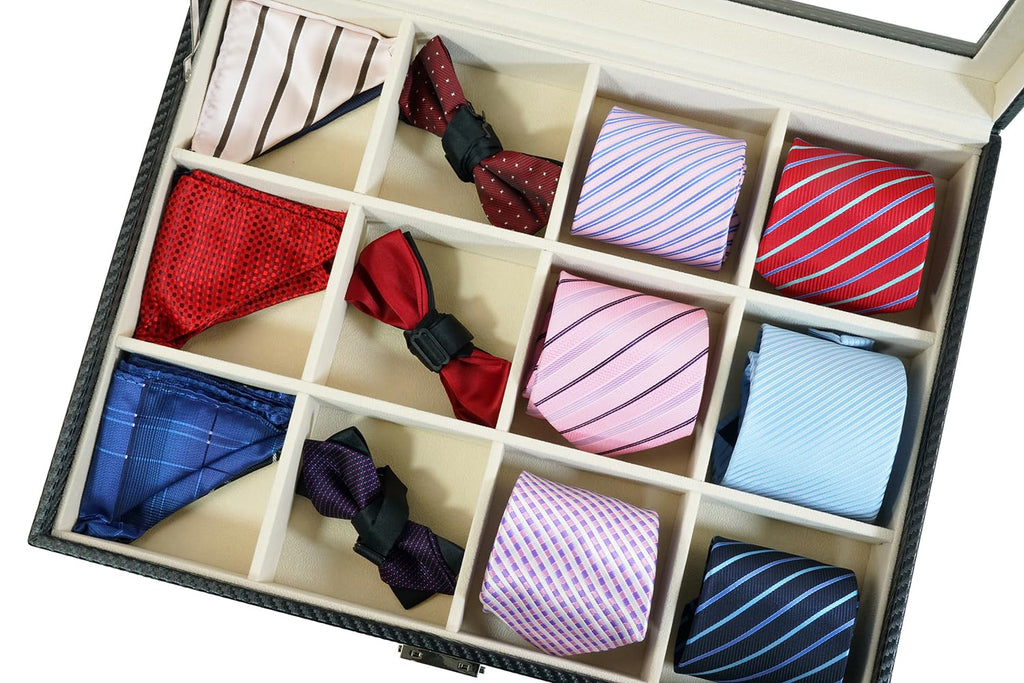 Tie Display Case for 12 Ties, Belts, and Men's Accessories Black Carbon Fiber Storage Box Father's Day
