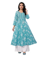 rangita Turquoise Cotton Calf Length Embroidered Anarkali Kurti | Kurta for Women_L