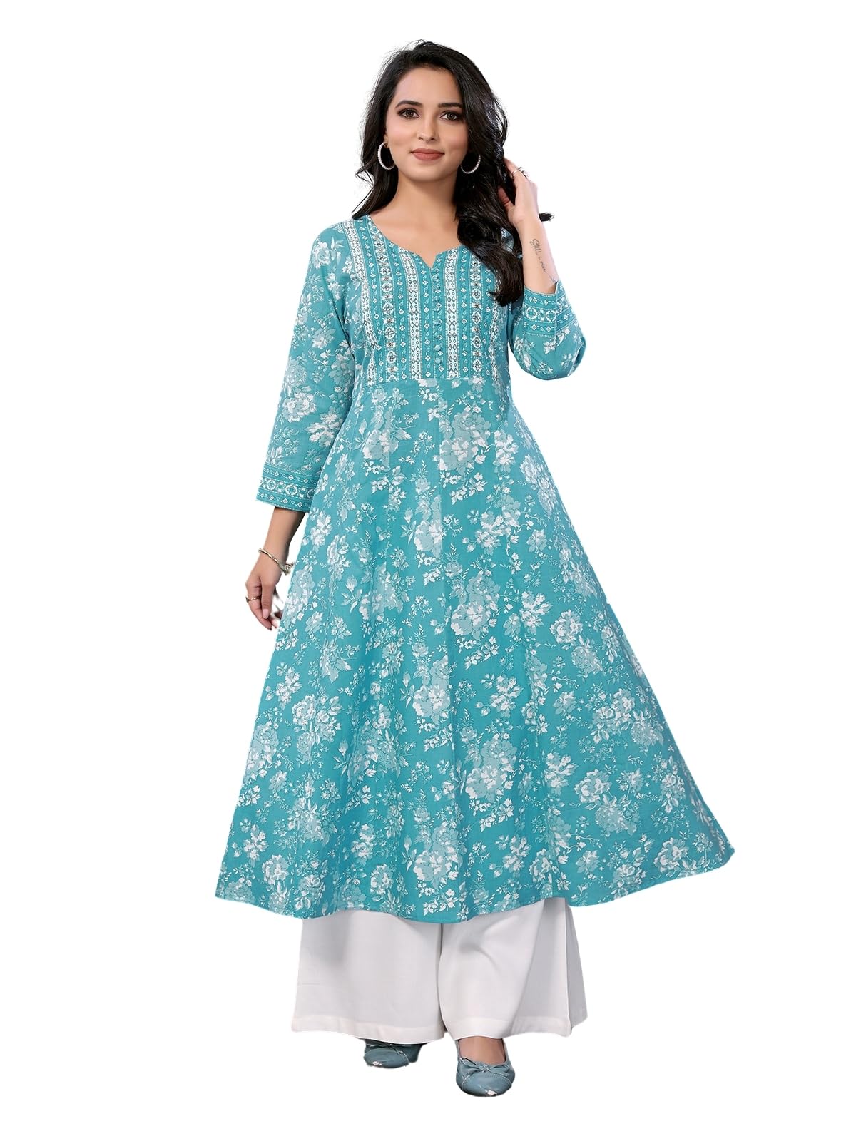 rangita Turquoise Cotton Calf Length Embroidered Anarkali Kurti | Kurta for Women_L