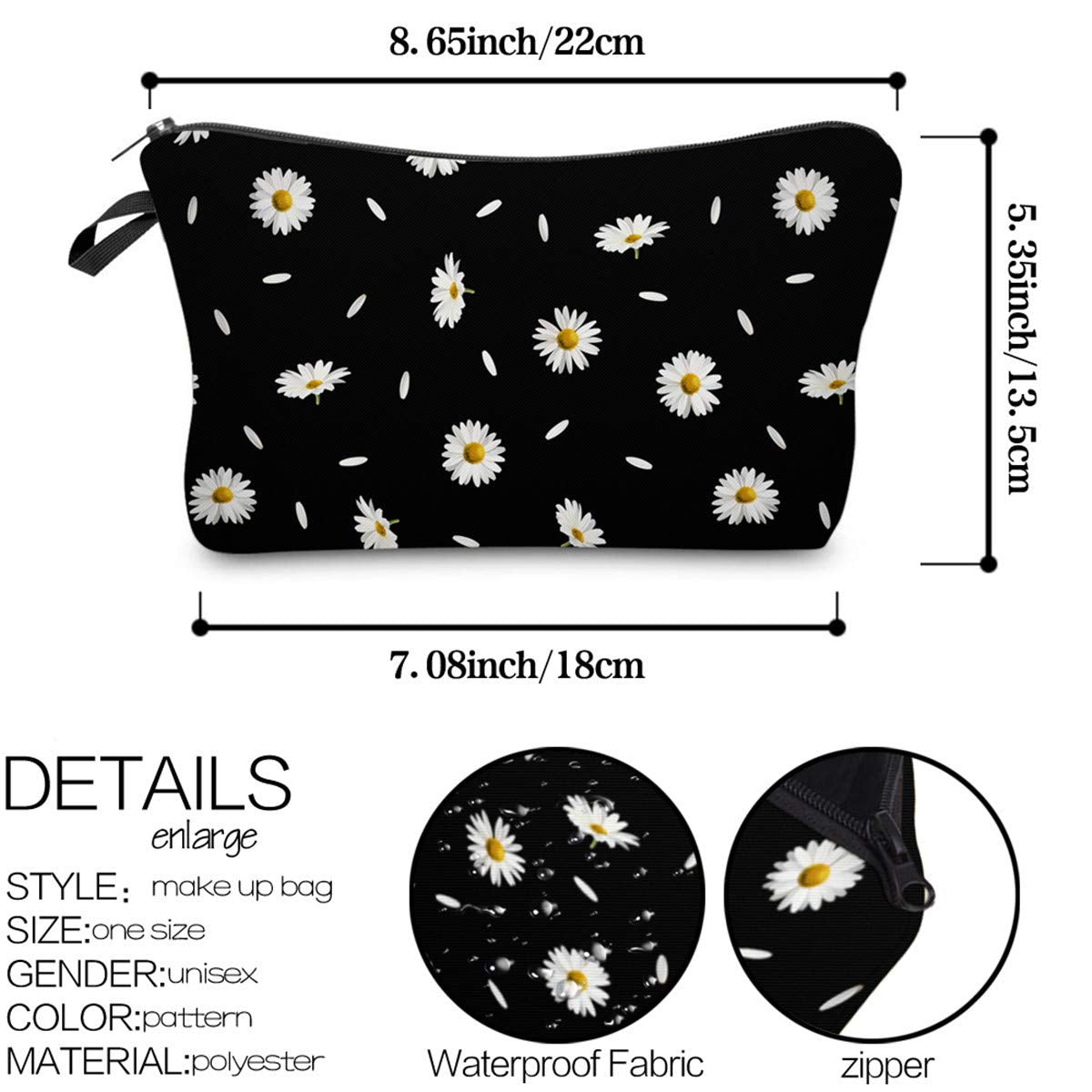 Deanfun Cosmetic Bag for Women, Durable Polyester Makeup Bag Organizer Travel Waterproof Roomy Accessories Daisy Purse Bag Gifts