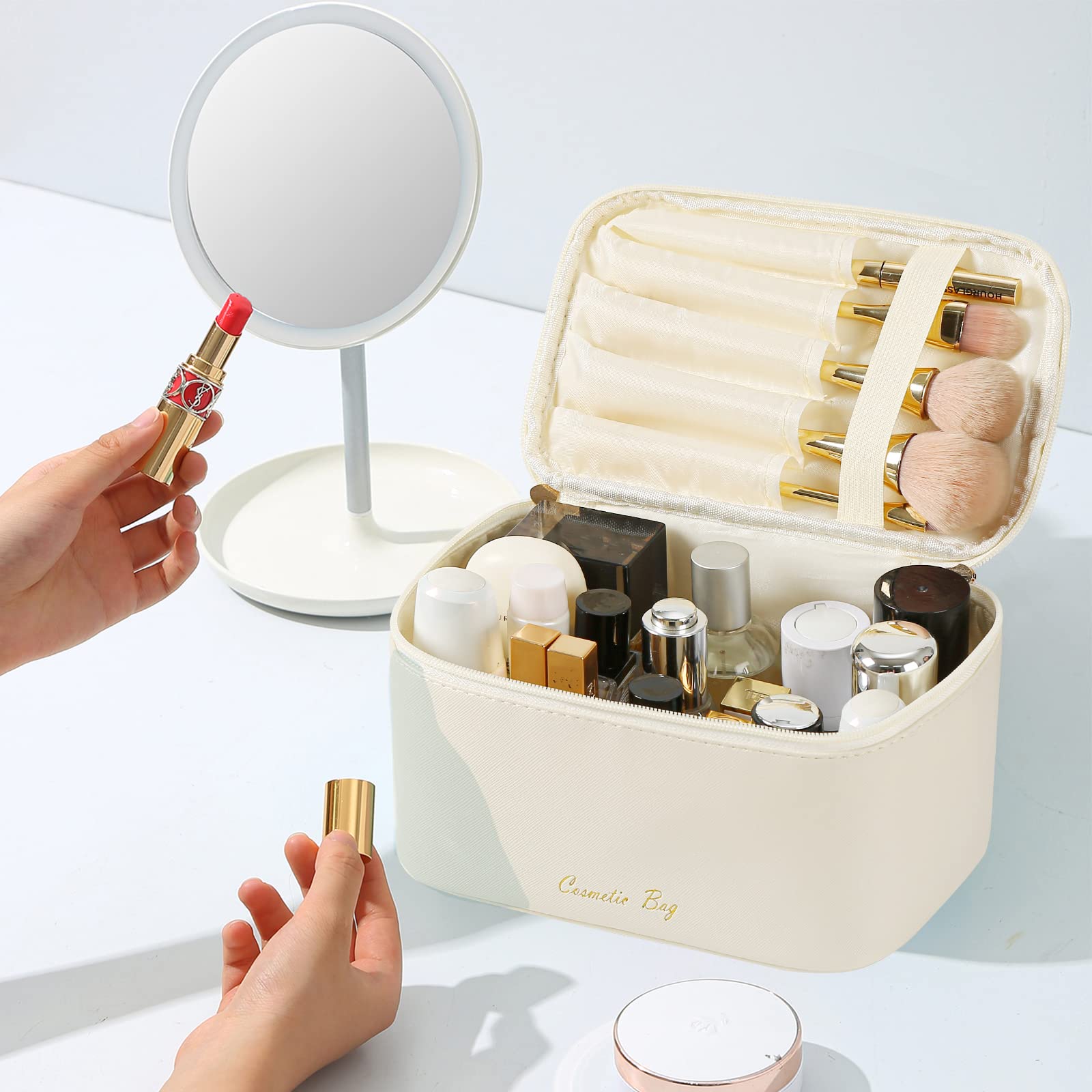 Meiyuuo Cute Makeup Bag Small Cosmetic Bags for Women Medium Pouch Toiletry Bag Waterproof Organizer(Light Beige)