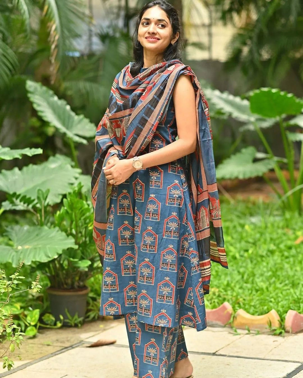 ANNI DESIGNER Womens Rayon Blend Anarkali Printed Kurta with Palazzo & Dupatta (NETHRA Blue_L_Blue_Large)