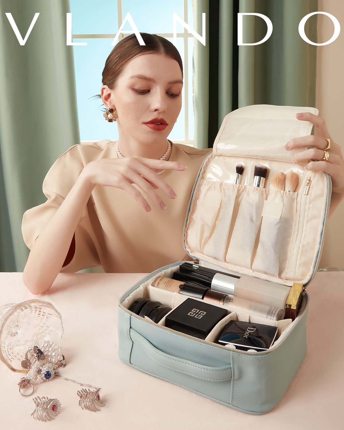 Vlando Travel Makeup Bag Faux Leather Large Make Up Bag Cosmetic Case Organizer Portable Makeup Travel Bag for Women with Adjust