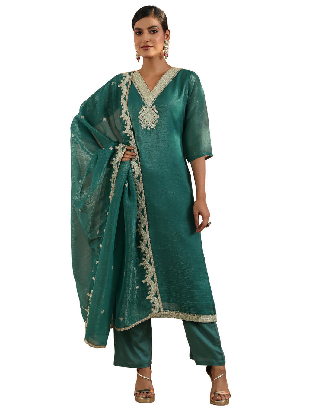 Libas Womens Embroidered Chiffon Straight Kurta With Trousers and Dupatta