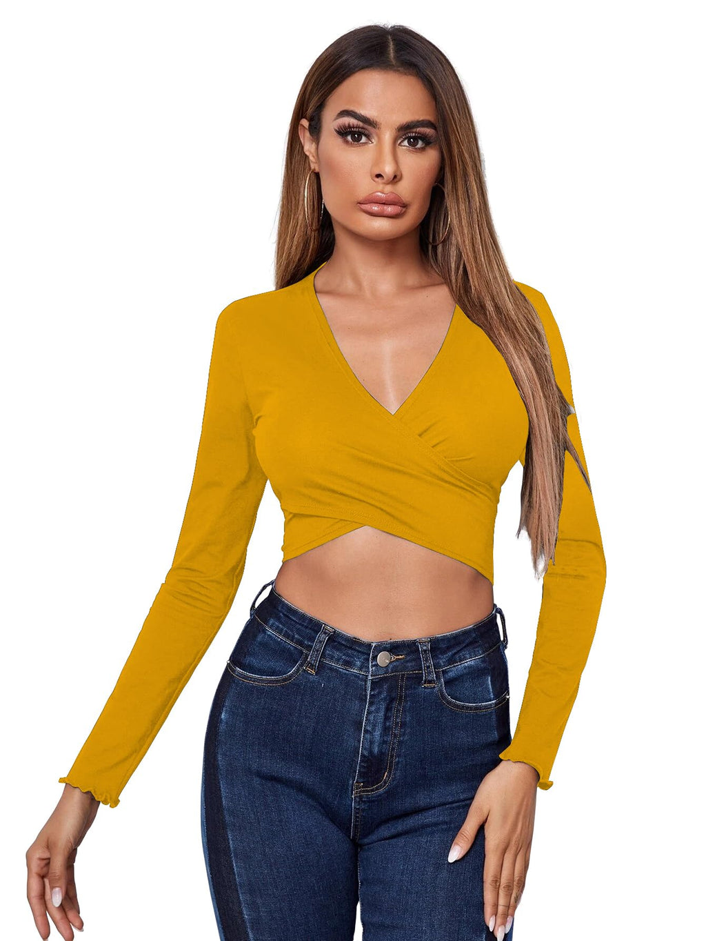 AVANOVA Womens & Girls Mustard Full Sleeve, V-Neck, Ruched Bust Solid Tops for Women/Tops, T-Shirts for Girls (TOP 64 Mustard 