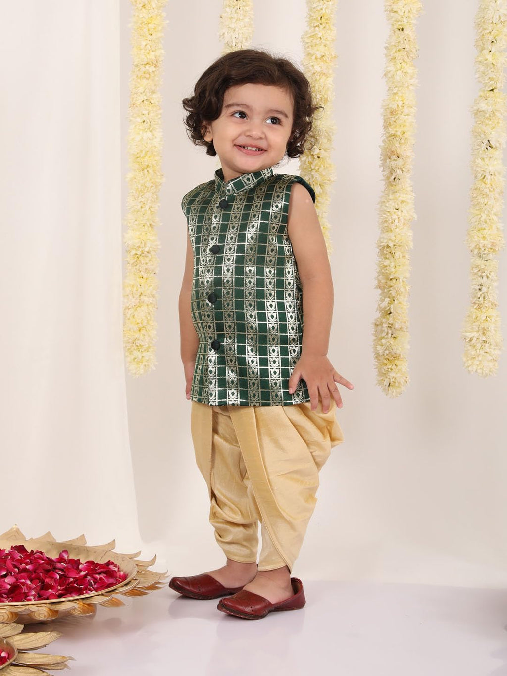 Jbn Creation Infant Boys Green And Gold Silk Blend Kurta And Dhoti Set
