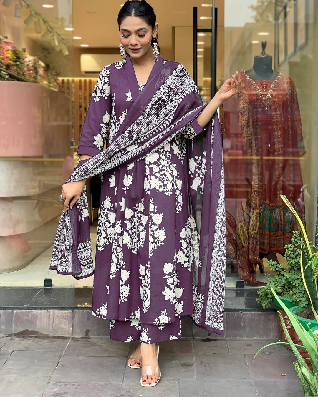 ANNI DESIGNER Womens Rayon Viscose Anarkali Printed Kurta with Pant & Dupatta (Jasiwal Purple_S_Purple_Small)
