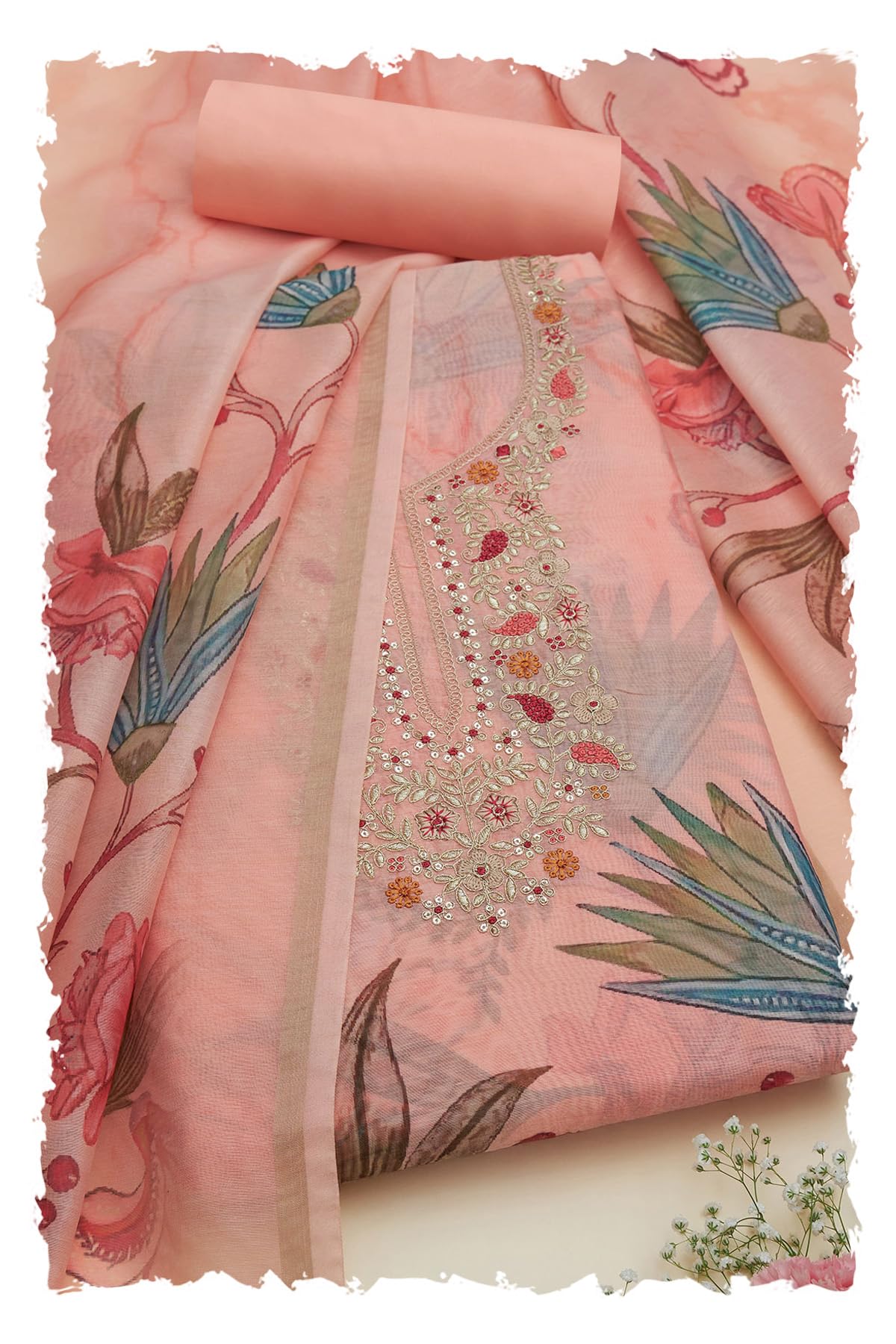 Soch Women Chanderi Floral Print Unstitch Dress Material with Zari