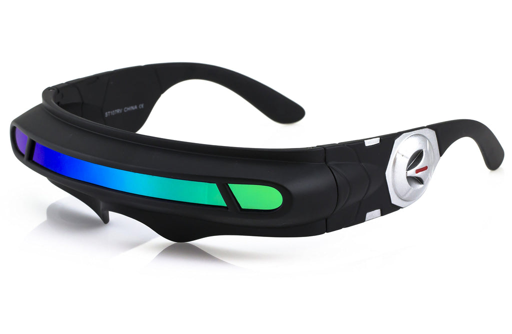 FLAWLESS EYEWEAR Futuristic Space Alien Costume Party Cyclops Shield Colored Mirror Mono Lens Wrap Sunglasses 147mm (Green Mirro