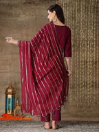 Stylum Women'S Embroidered Cotton Straight Kurta Pant Dupatta Set (Kpdwinelila_Wine)