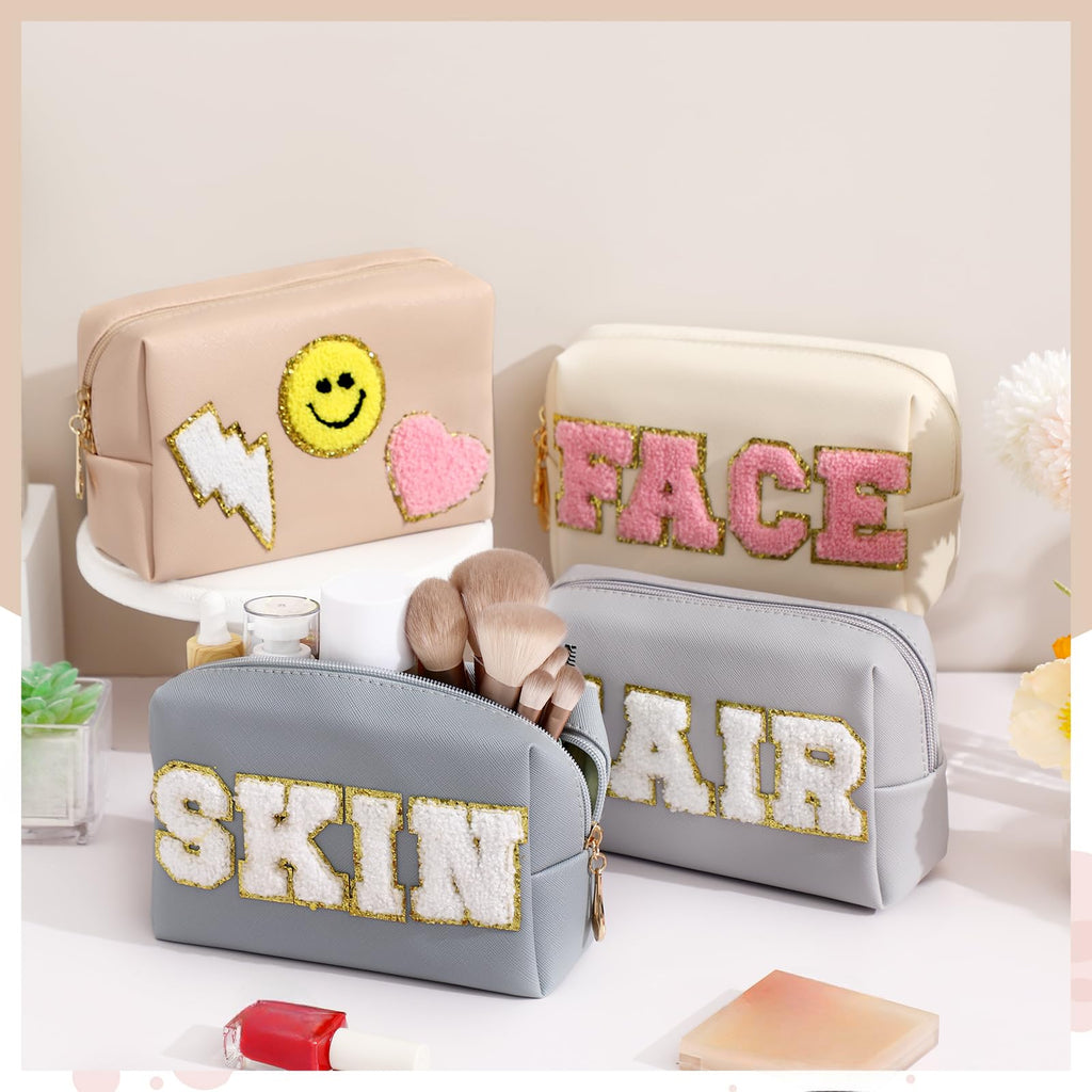 Sanwuta 4 Pcs Hair Face Skin Travel Bag Set Preppy Makeup Pouch PU Leather Skincare Bag Waterproof Cosmetic Organizer Birthday