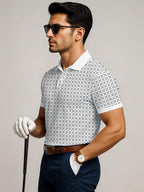Mens Cotton Printed Polo Tshirt | 220 GSM Interlock Fabric | Slim Fit | Skin-Friendly Ink | White Golf-Inspired Pattern T Shirt