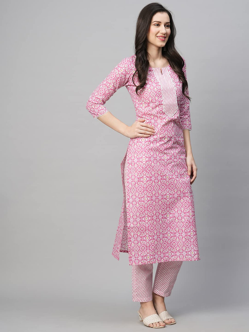 ANNI DESIGNER Womens Cotton Blend Printed Straight Kurta with Pant (Kavi Pink-Nw_XXL_Pink_XX-Large)