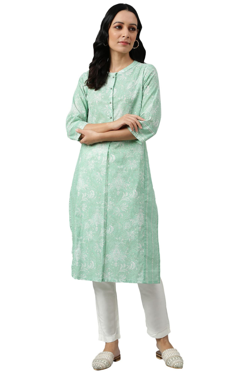 W For Woman Light Green Floral Printed Button Down Kurta_22Few17524-120222_L