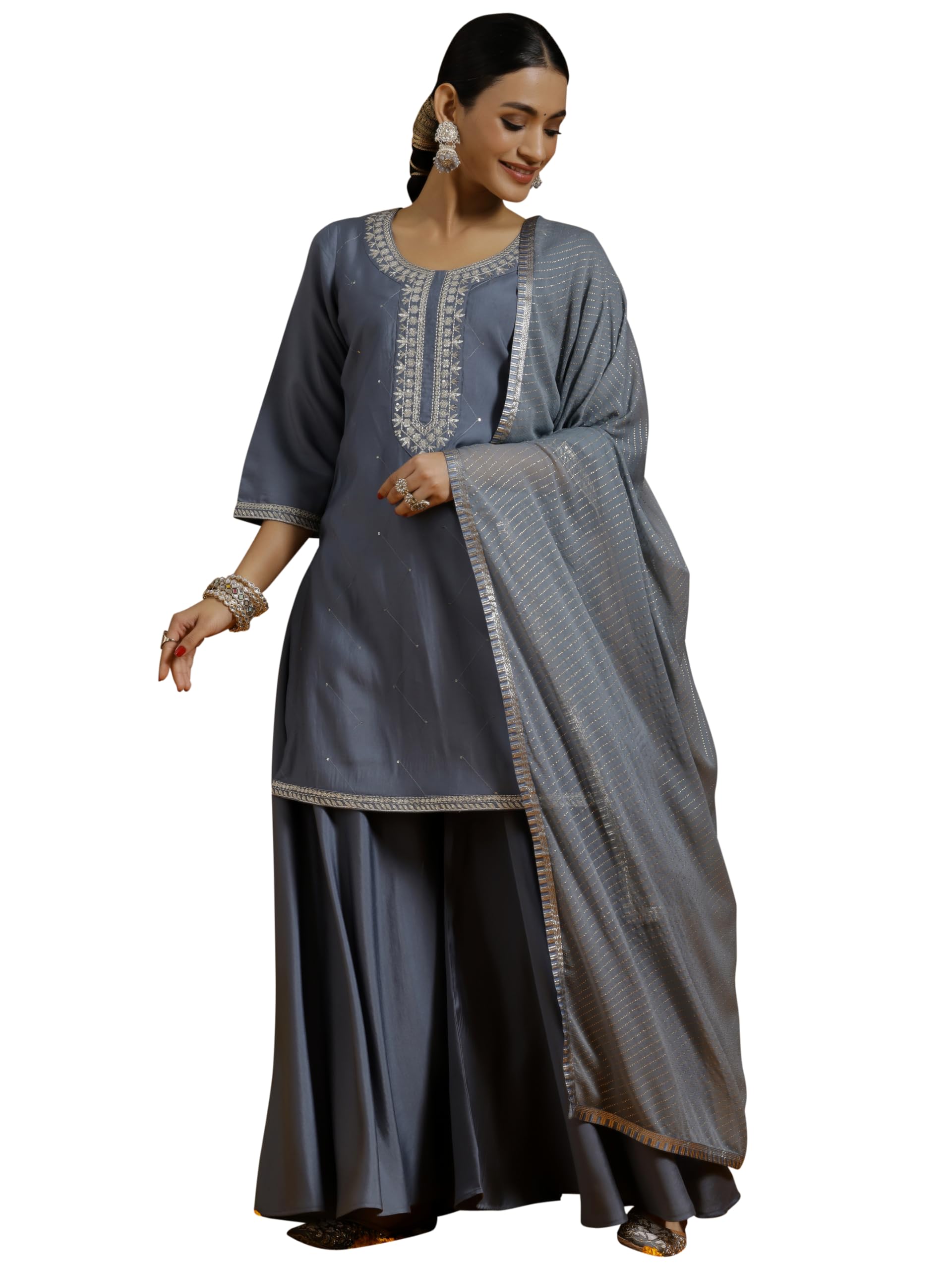 Libas Gerua Womens Yoke Design Silk Blend Straight Kurta With Palazzos And Dupatta