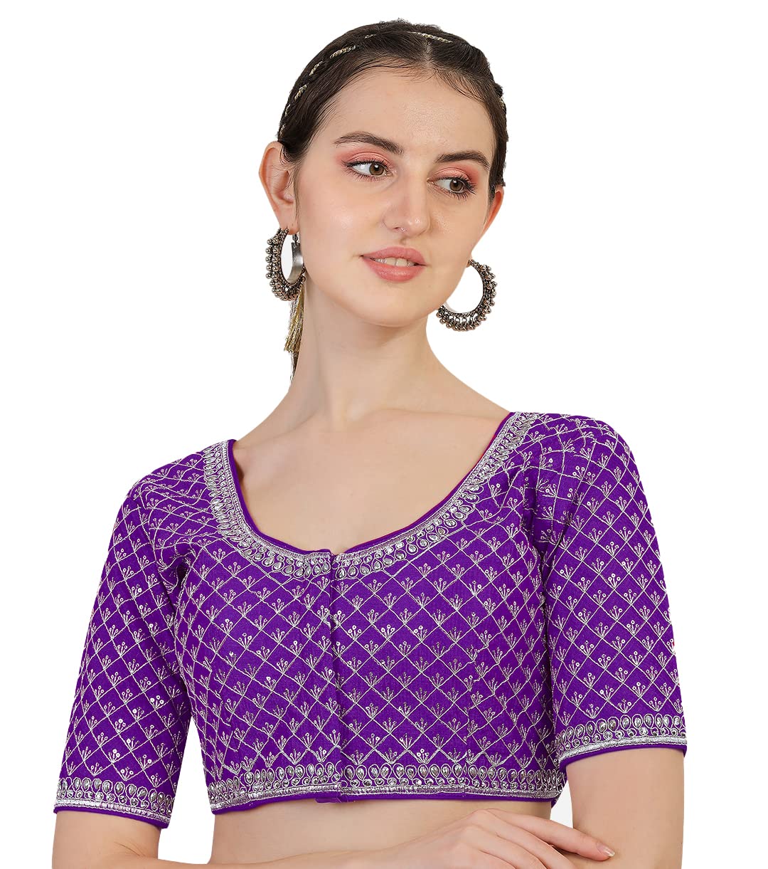Pujia Mills Womens Heavy Silver Jari Thread Readymade Blouse for Saree Lehenga (Purple, 34)