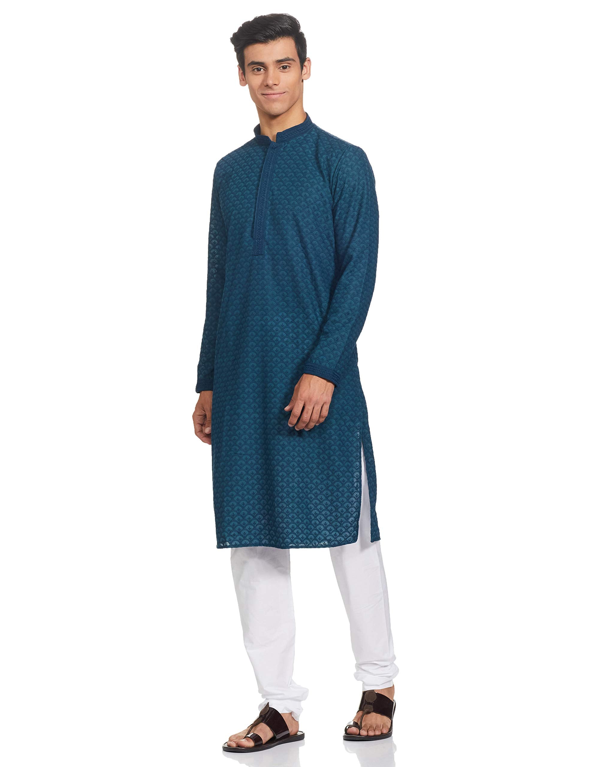 Manyavar Murky Green Chikan Kurta Set for Mens(Medium,Blue)