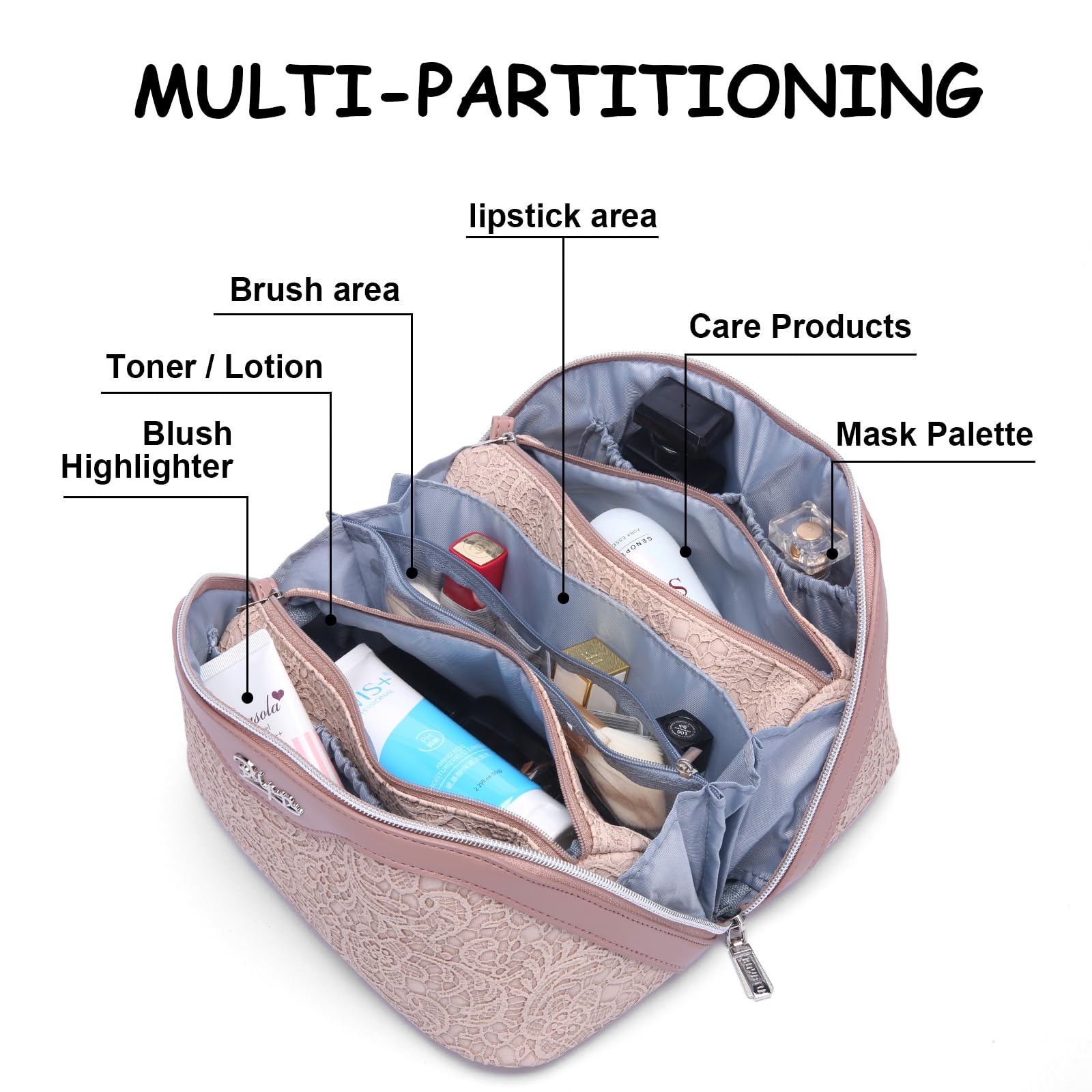 BOYATU Travel Makeup Bag for Women: Large Cosmetic Bag Set of 3 - Vegan Leather Make up Bag with Compartments - Compact Waterpro