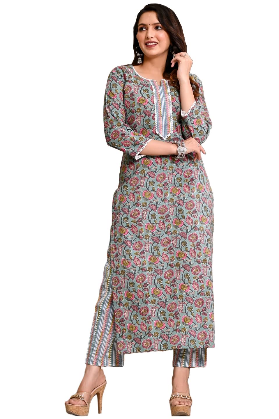 Gosriki Women'S Cotton Blend Printed Straight Kurta With Pant (Dawai Green-Snw-Gs_M_Green_Medium)