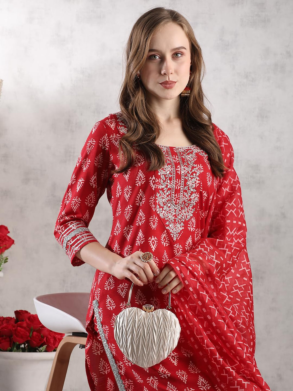 ANNI DESIGNER Women s Kurta with Trousers and Dupatta, Red, Medium