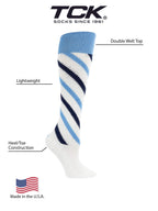 TCK Candy Stripes Knee High softball Socks (White/Columbia Blue/Navy, Medium)