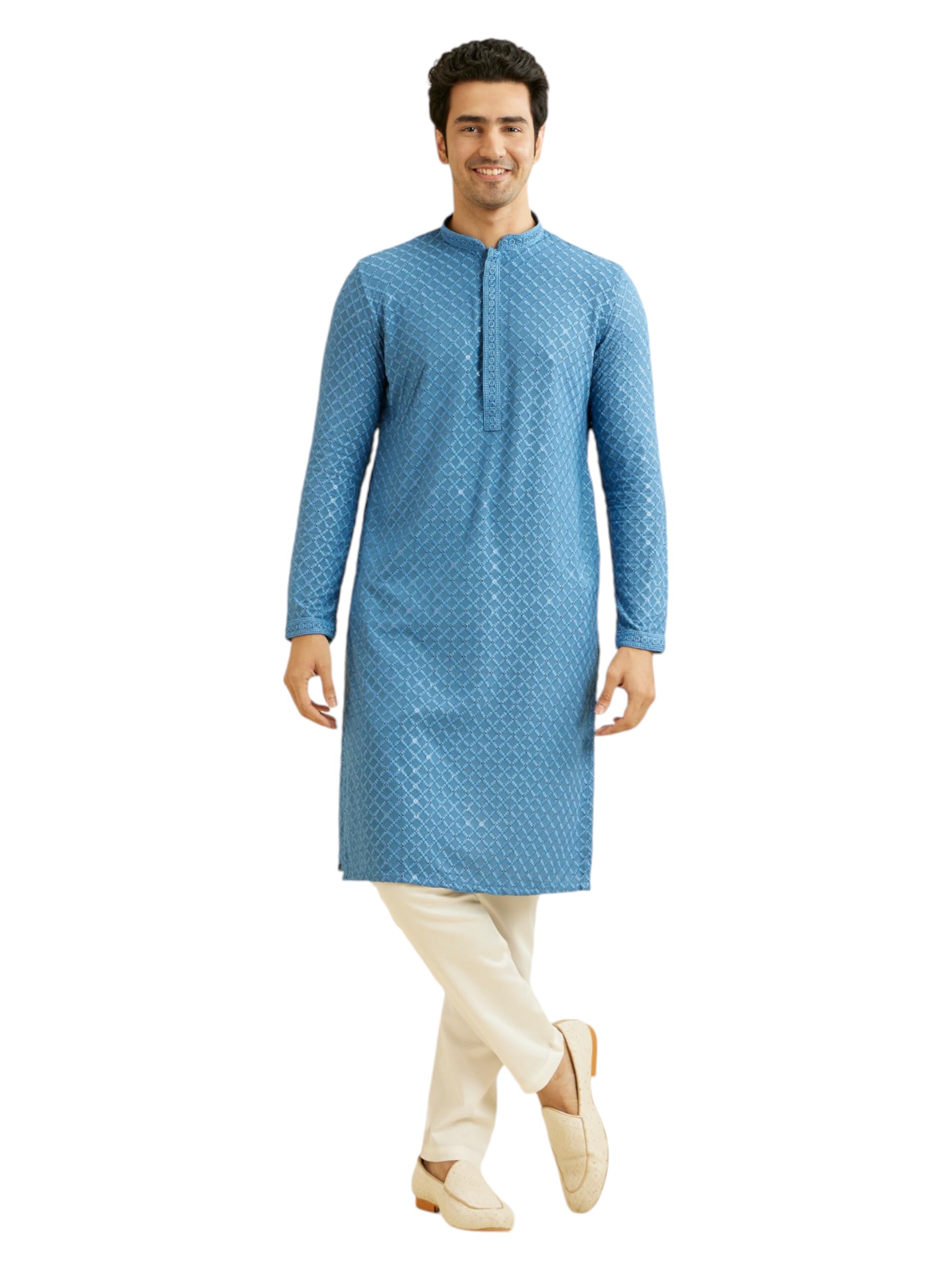 Manyavar MenS Viscose Chikankari | Sequined Kurta Pyjama Set (Blue,Xl)