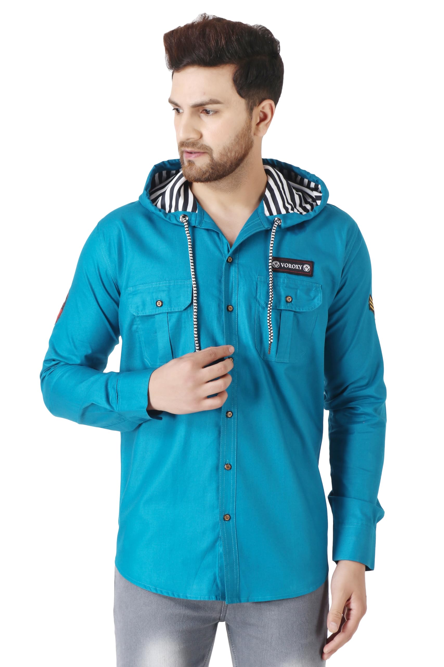 Besix MenS Blue Tailored Fit Cotton Blend Shirt For Man With Hoodie - Casual Long Sleeve Shirt With Pockets - Patch Detail For 
