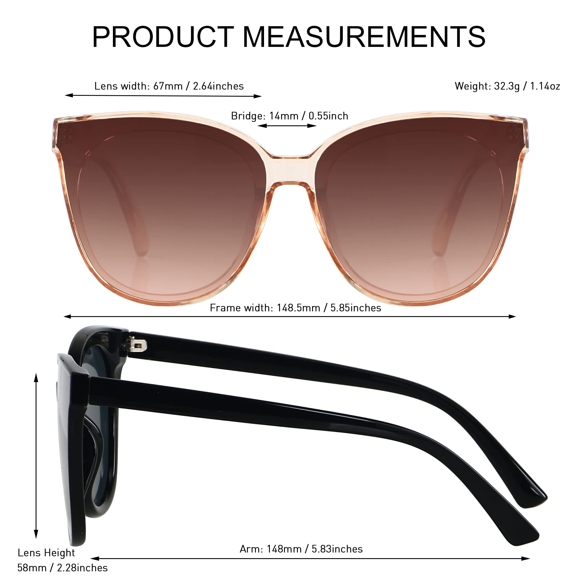 LYZOIT Oversized Cat Eye Sunglasses for Women Big Large Cateye Frame Shades 2 Pack Fashion Vintage Sun glasses Black Clear Brown