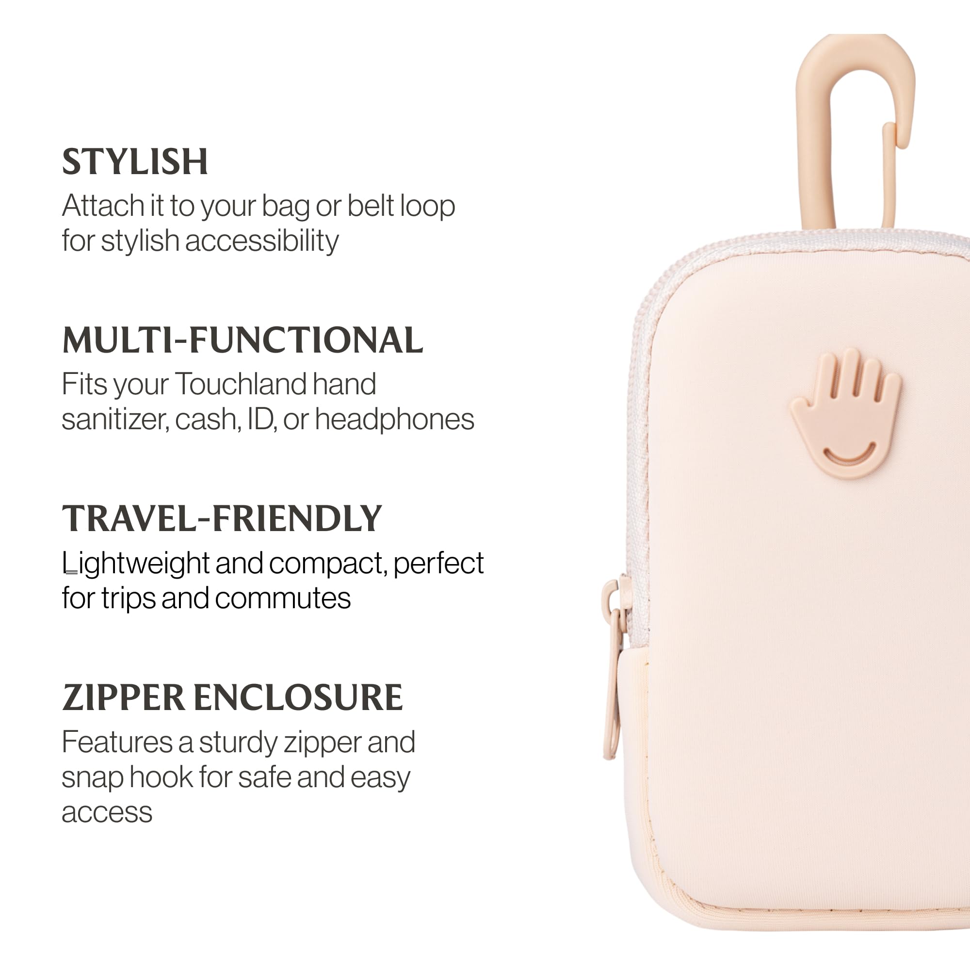 Touchland Touchette Zippered Pouch, Attachable Fashion Accessory with Snap Hook for Power Mist and Glow Mist 1FL OZ, Blush Pink