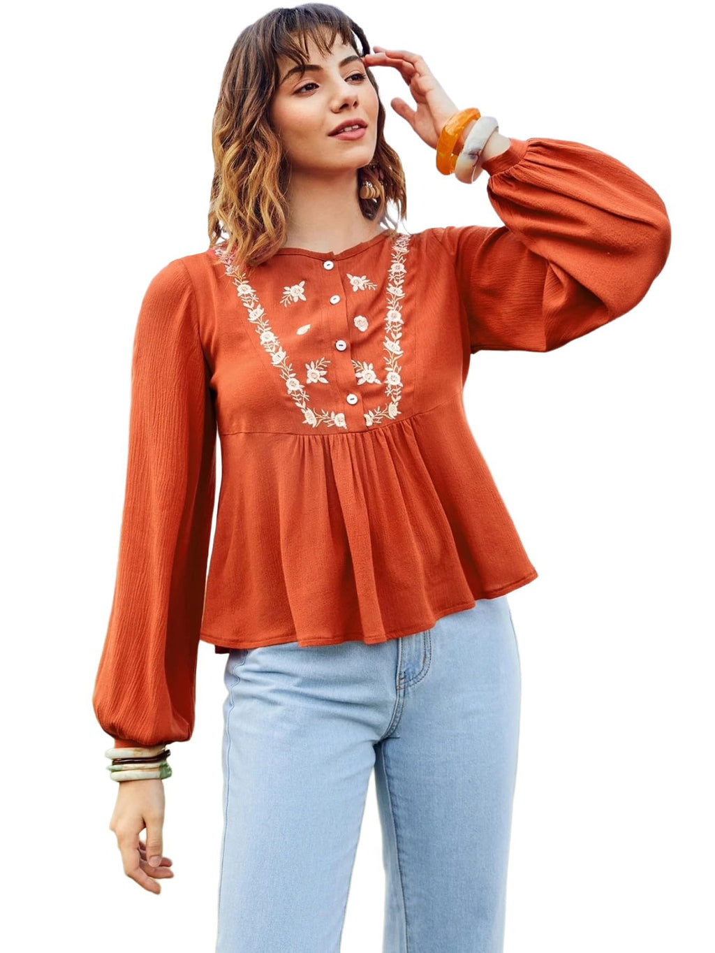 ANNI DESIGNER Womens Tops Rayon Viscose Floral Embroidery Shirt for Women (ANJO Orange_XL_Orange_X-Large)