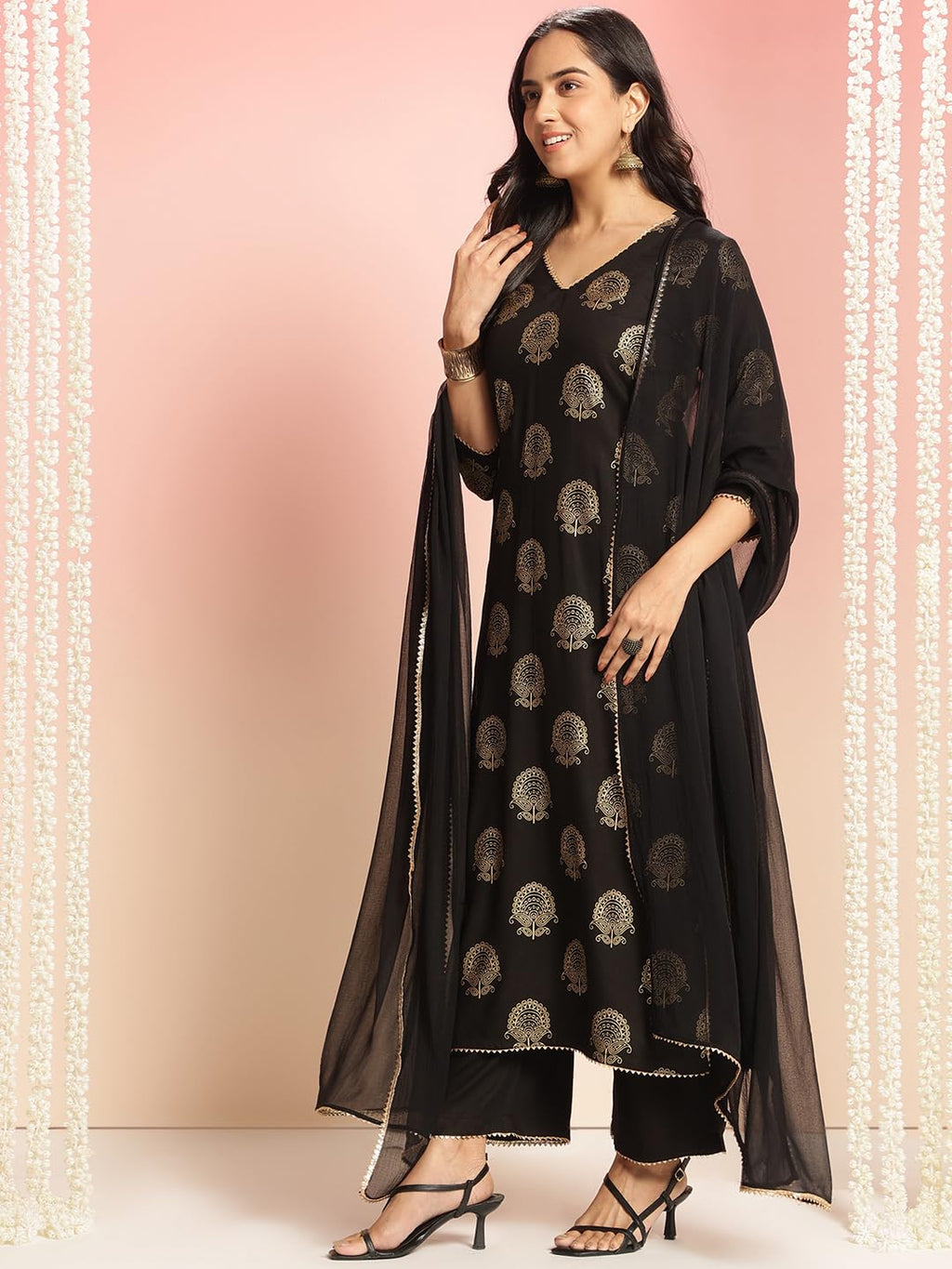 ANNI DESIGNER Women s Rayon Blend Printed Straight Kurta with Pants and Dupatta, Green, 44