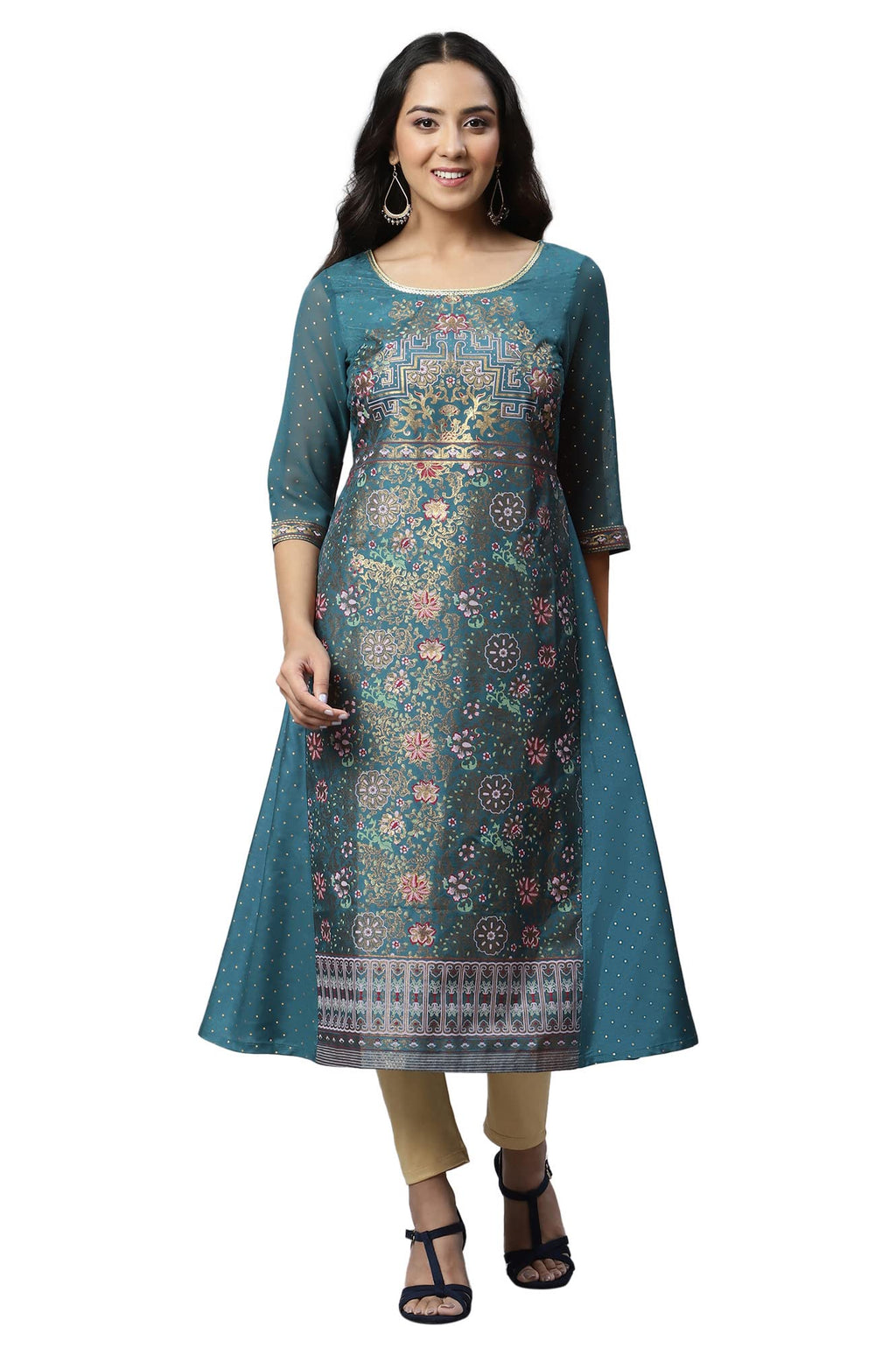 Aurelia Women'S Blue Floral Printed Printed Sequin Regular Kurta