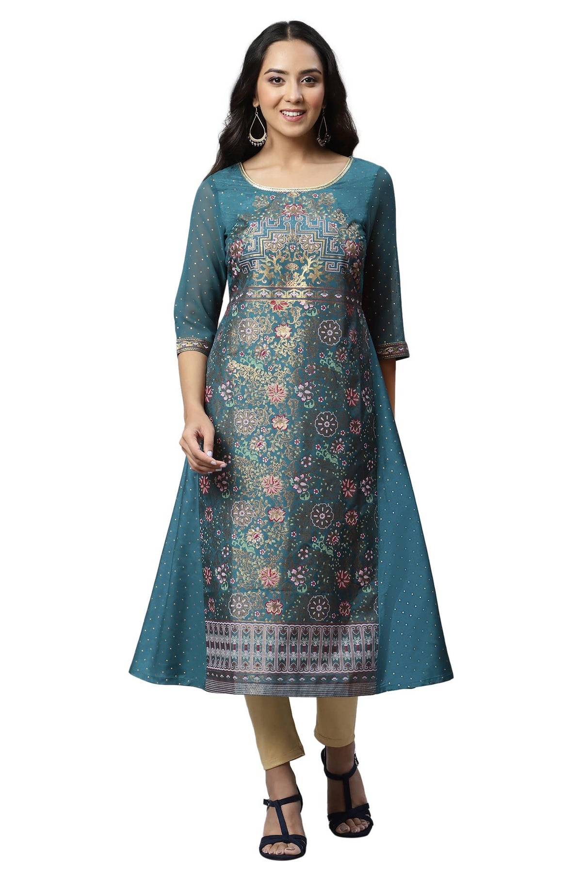 Aurelia Womens Blue Floral Printed Printed Sequin Regular Kurta