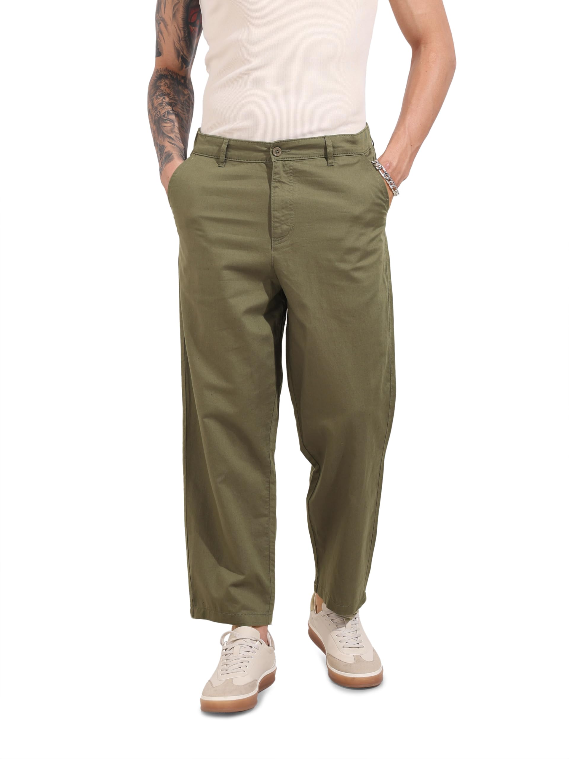 The Indian Garage Co Mens Mid-Rise Relaxed Fit Trousers Pants