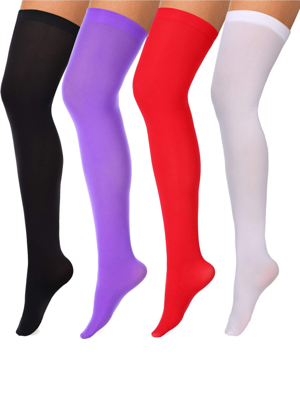 4 Pairs Women's Silk Thigh High Stockings Nylon Socks for Women Halloween Cosplay Costume Party Tights Accessory (Black, White,