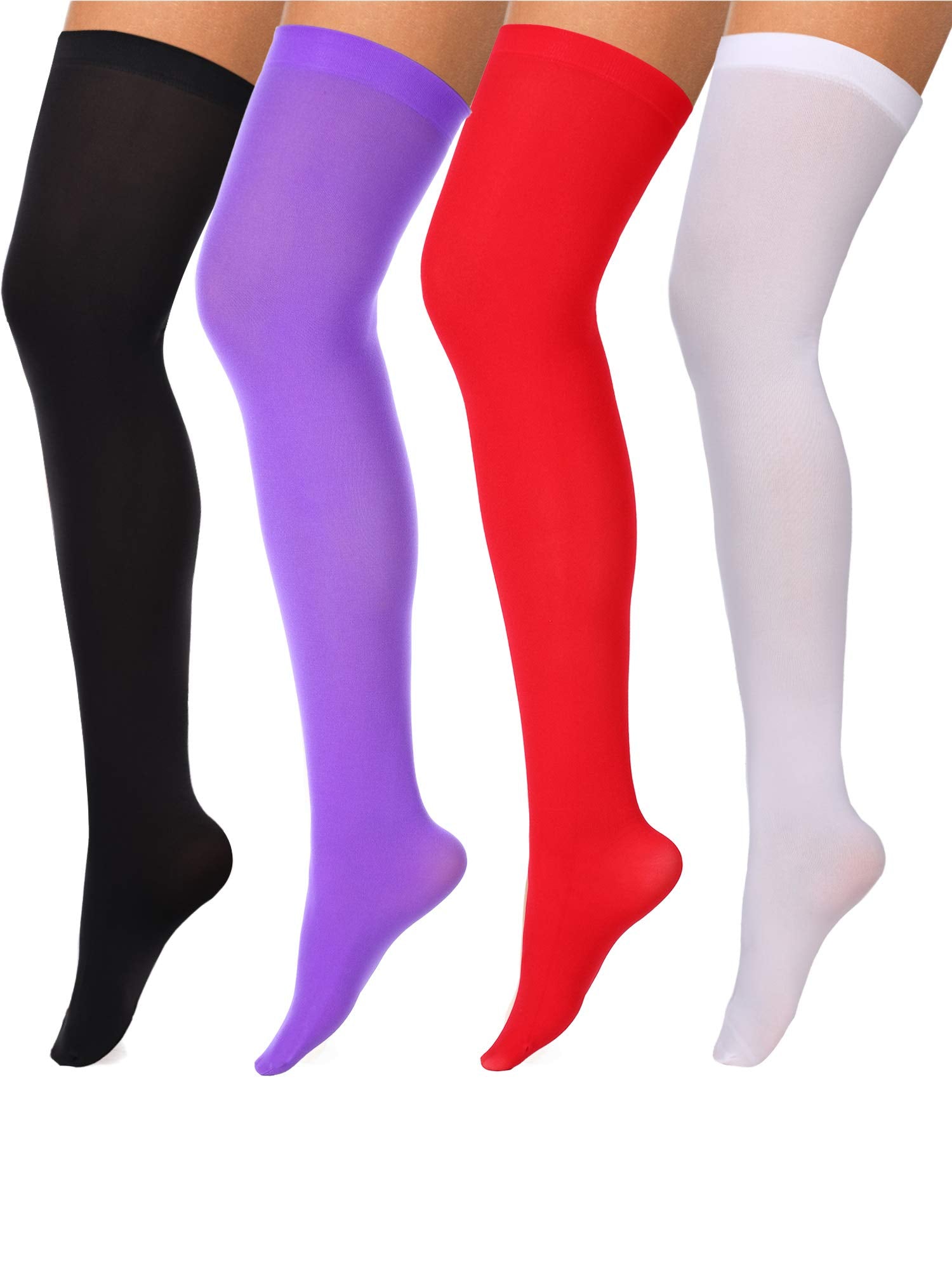4 Pairs Women's Silk Thigh High Stockings Nylon Socks for Women Halloween Cosplay Costume Party Tights Accessory (Black, White,